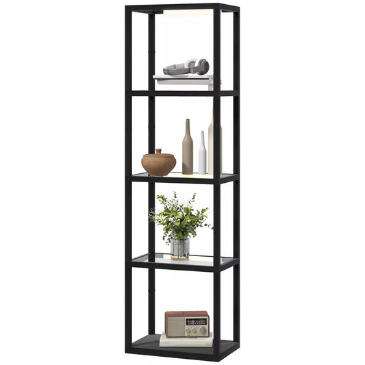 LED grindinis šviestuvas su 4 pakopų lentyna, šviečianti lentyna su 4 stiklinėmis lentynėlėmis, kojinis jungiklis, MDF, juoda spalva