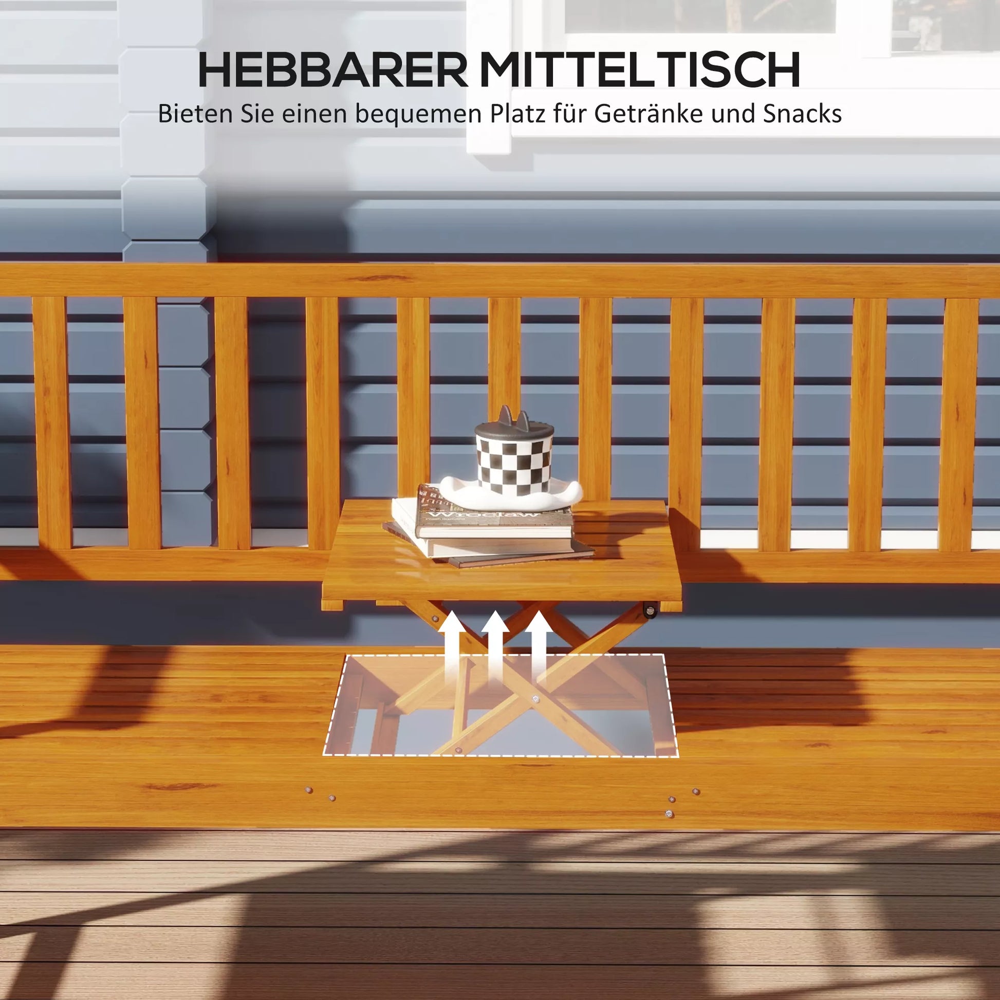 Medinis lauko suolas su atlenkiamu staliuku, pušis, 153x56x91 cm