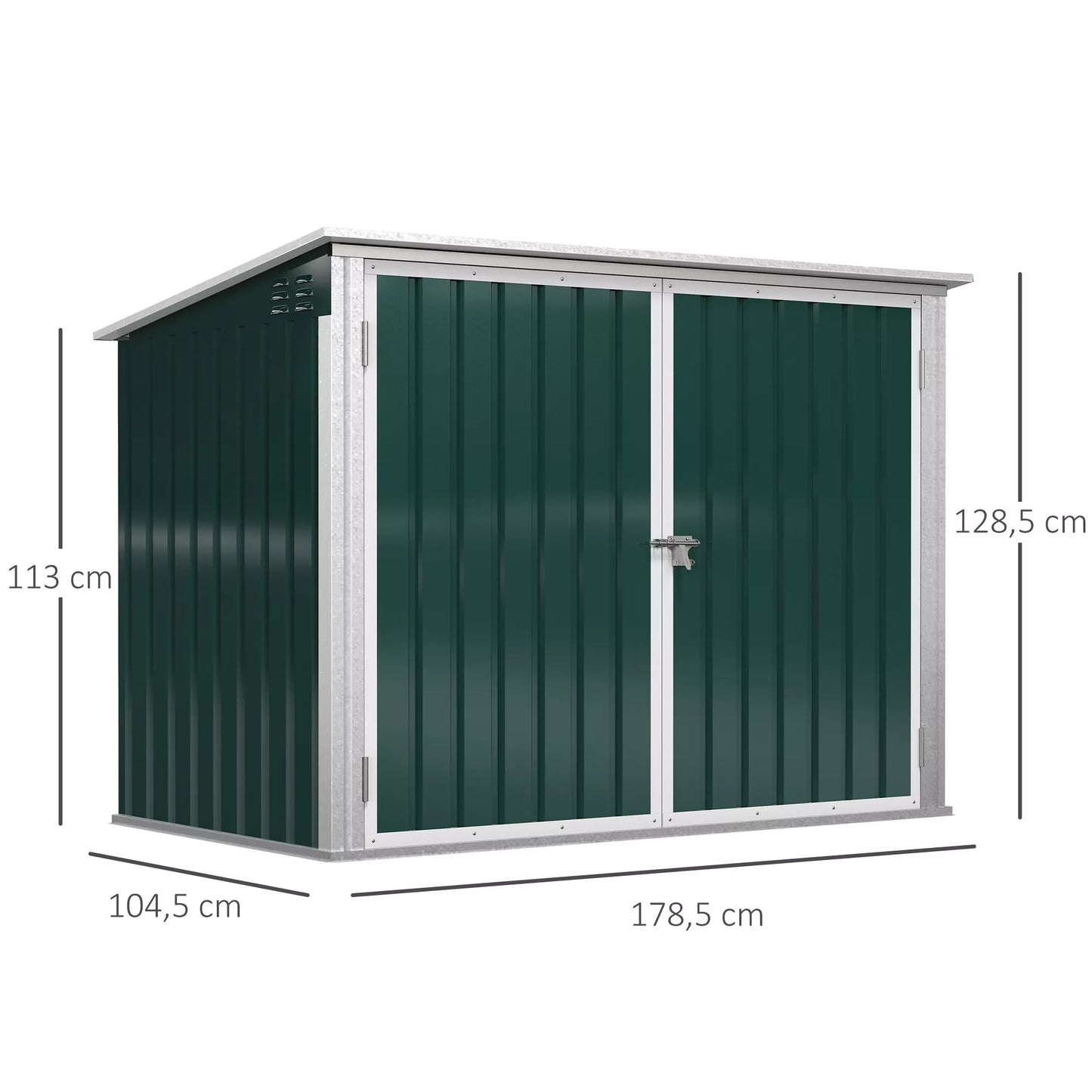 Lauko šiukšliadėžių dėžė Storer, užrakinama laikymo dėžė 2 šiukšliadėžėms, plieninė, 178,5 x 104,5 x 128,5/113 cm, žalia