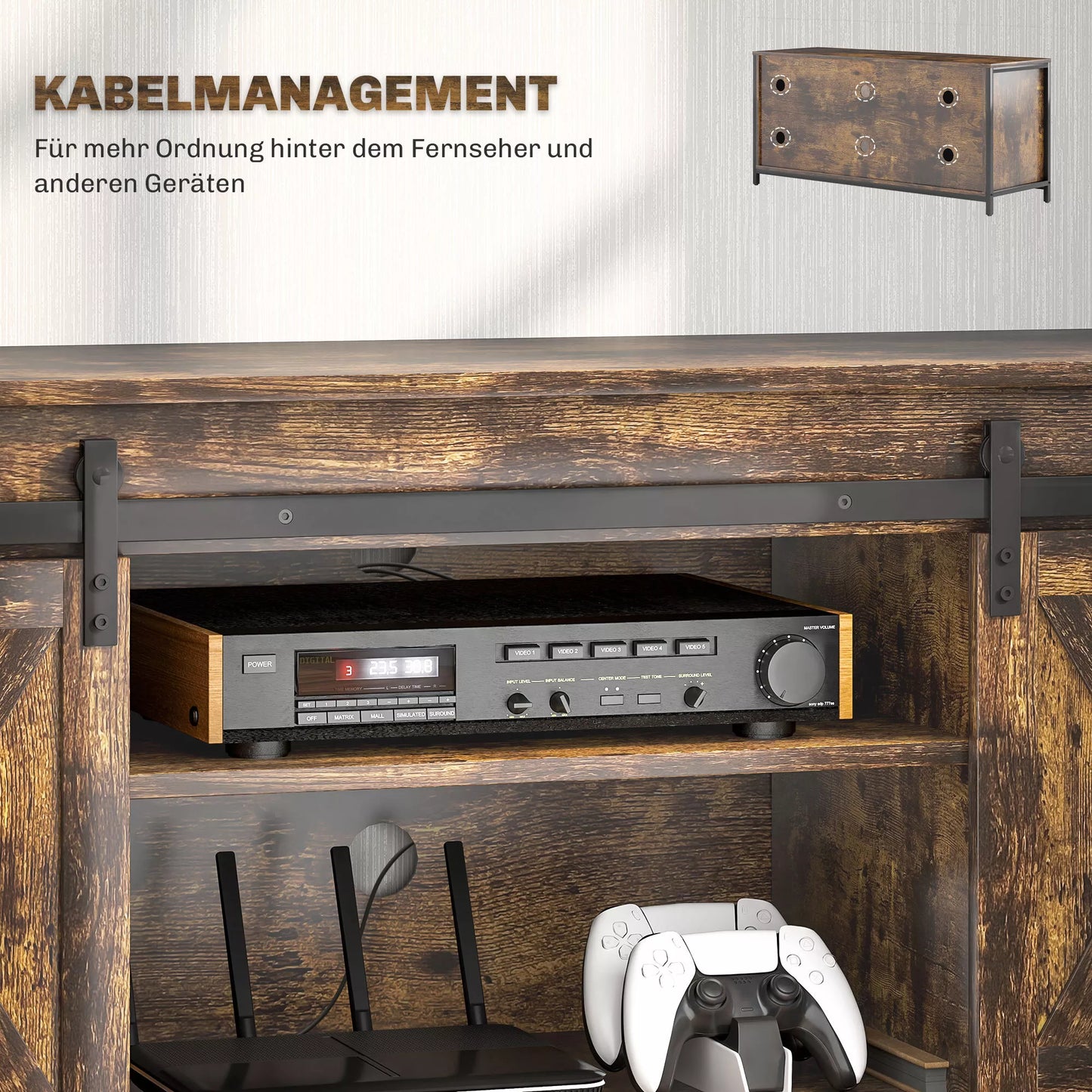 TV staliukas, pramoninio dizaino, skirta 60 colių televizoriams, 6 skyriai, 2 stumdomosios durys, ruda/juoda