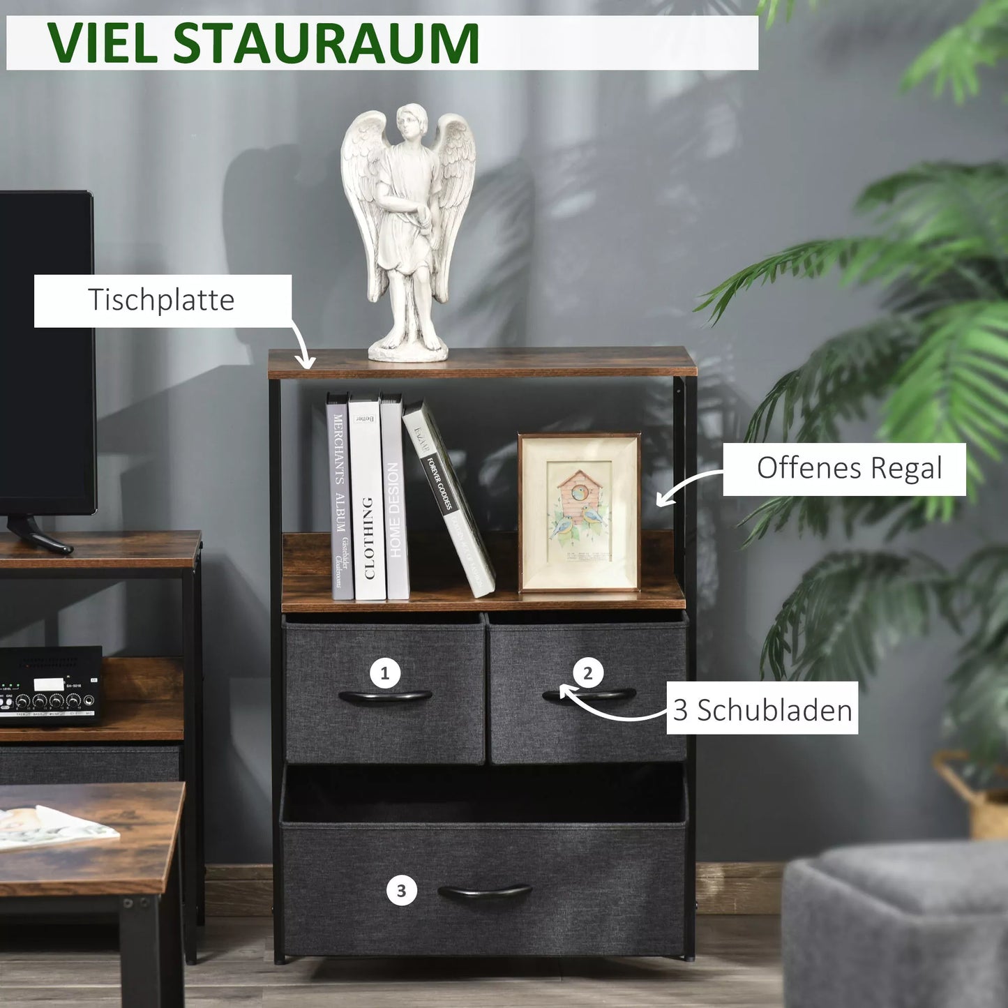 Juoda komoda su 3 stalčiais, lino apdaila, su lentynomis ir rankenomis