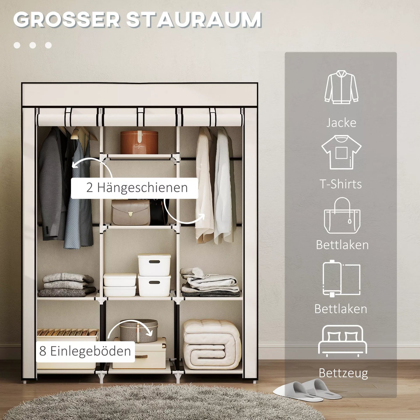 Audinio spinta, sprendimas laikymui, 8 lentynos, 2 drabužių kabyklos, kreminės baltos