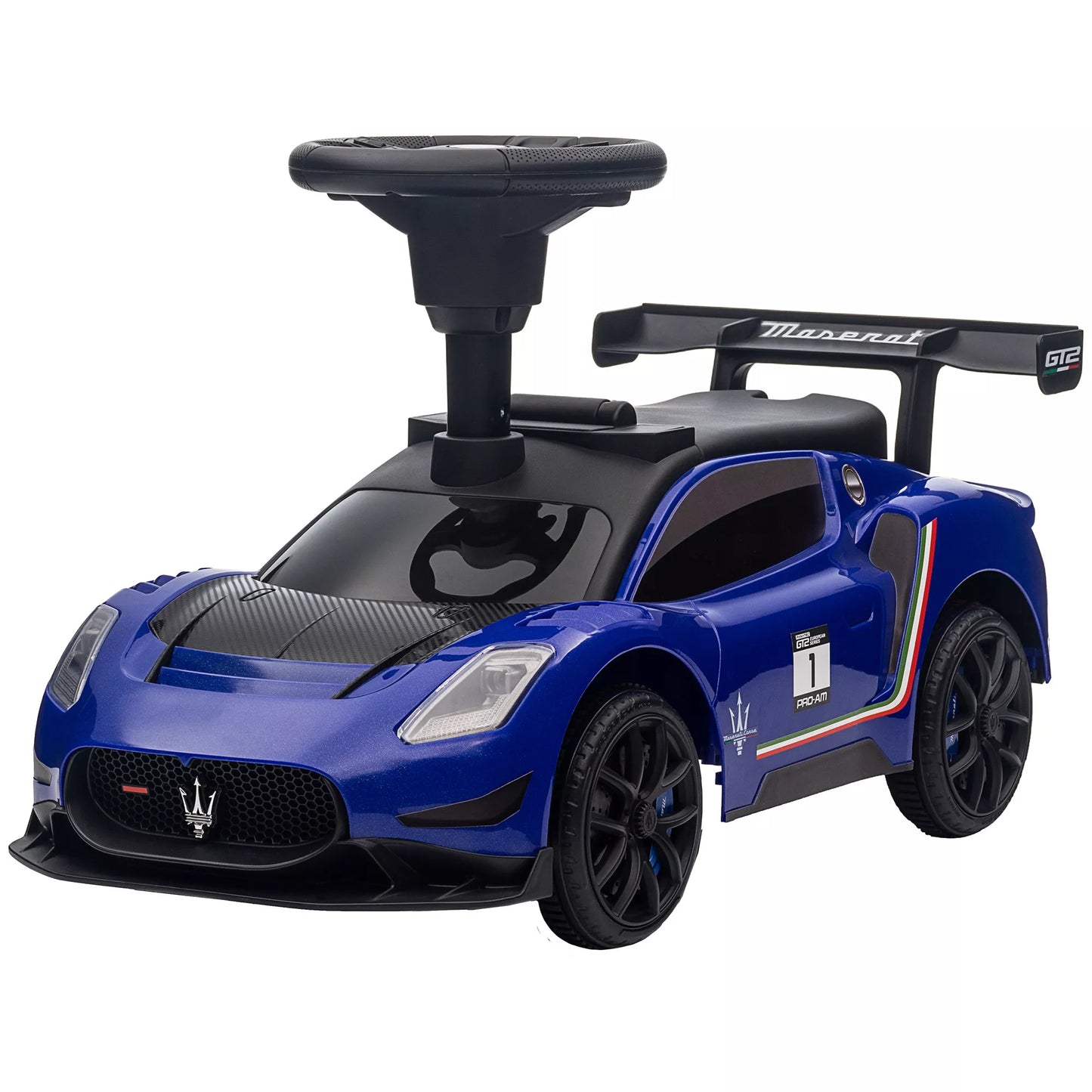 Vaikiškas paspiriamasis automobilis, licencijuota transporto priemonė, interaktyvūs garso signalo ir muzikos mygtukai, pagamintas iš plastiko ir plieno, mėlynos spalvos, išmatavimai 65 x 29 x 37 cm