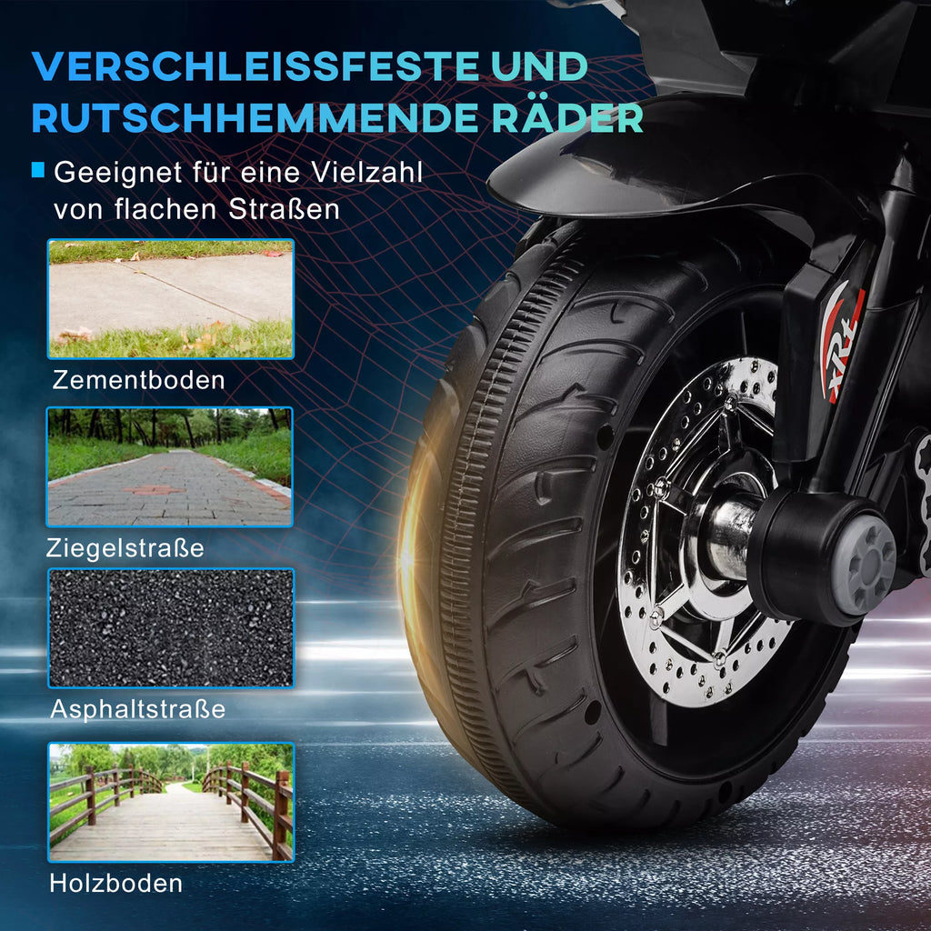 Elektrinis vaikų motociklas, šviesos ir garsai, 3 km/h, įkraunamas, plastikas ir metalas, mėlynas/baltas