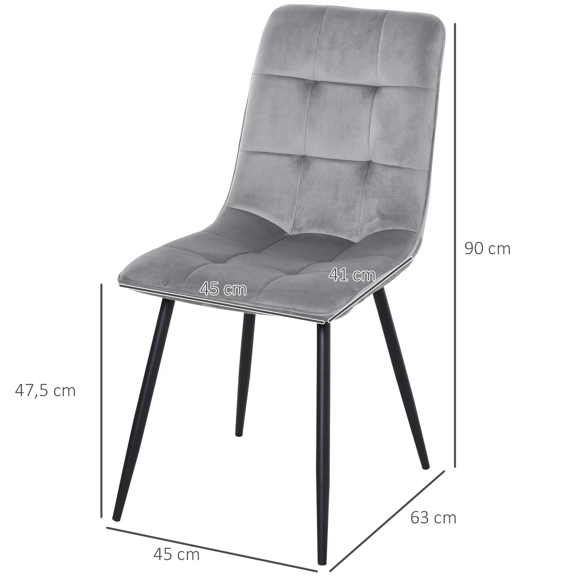 2 vnt. valgomojo kėdžių komplektas, minkšta virtuvės kėdė su aksomo išvaizda, valgomojo stalas, aksomas, metalas, pilka+juoda, 45 x 63 x 90 cm