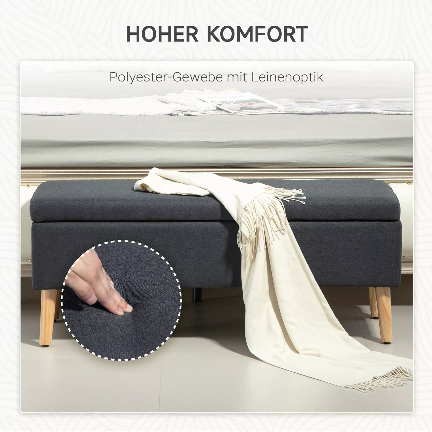 Tamsiai pilkas paminkštintas suolas su daiktadėže, 110 x 39 x 45 cm, iš kaučiukmedžio, su linine išvaizda