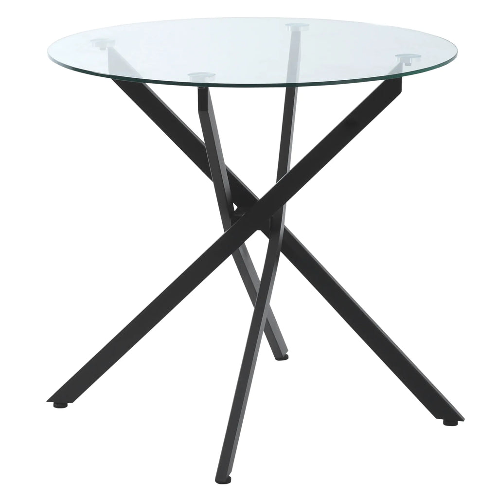 Modernus stiklinis valgomojo stalas, 80 cm skersmens, virtuvės stalas su grūdintu stikliniu stalviršiu ir metalinėmis kojomis, skirtas 4 asmenims.