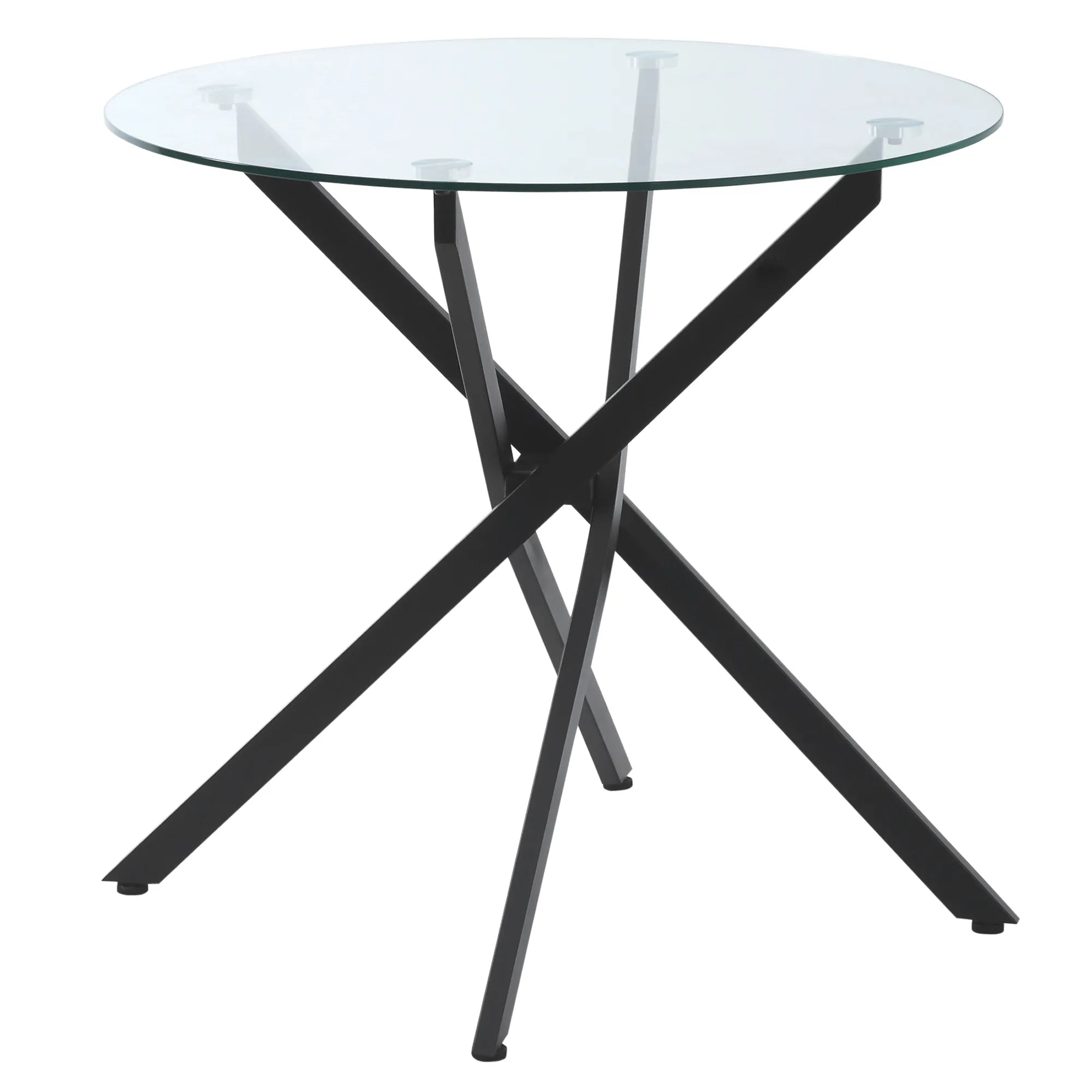 Modernus stiklinis valgomojo stalas, 80 cm skersmens, virtuvės stalas su grūdintu stikliniu stalviršiu ir metalinėmis kojomis, skirtas 4 asmenims.