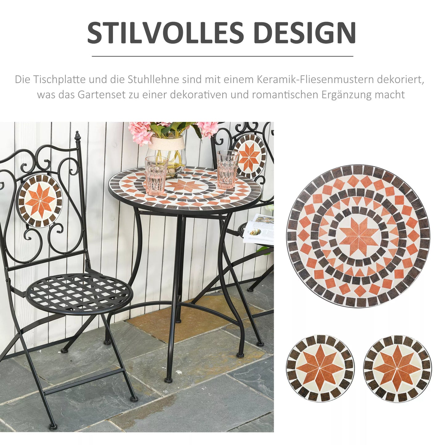 Sodo baldų komplektas Balkono baldų komplektas 2 asmenims Mosaikinis staliukas 2 sulankstomos kėdės Metalas Daugiaspalvis