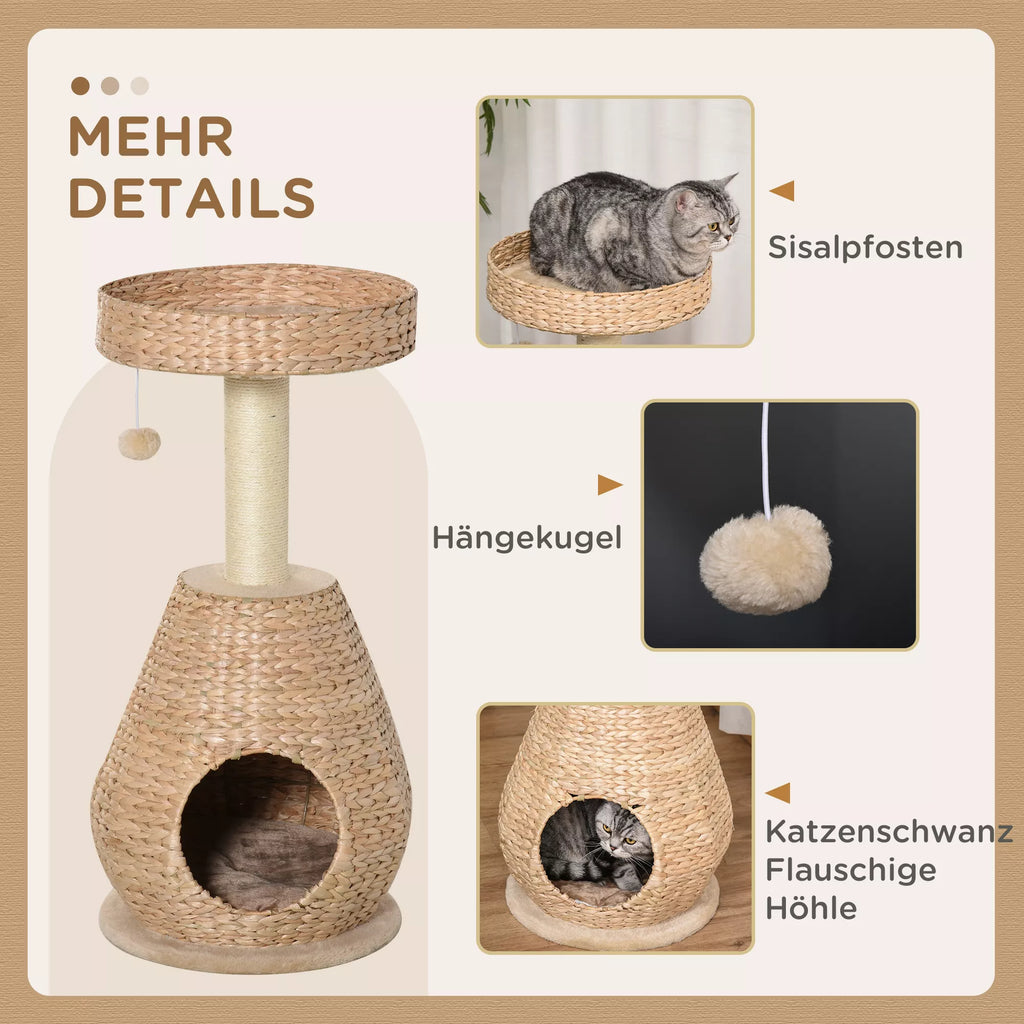 Kačių medis, kačių draskyklė, baldai kačiukams su kačių urvu, kamuoliuko žaislas, sizalis, minkštas pliušas, aukštis 82,5 cm, geltonas