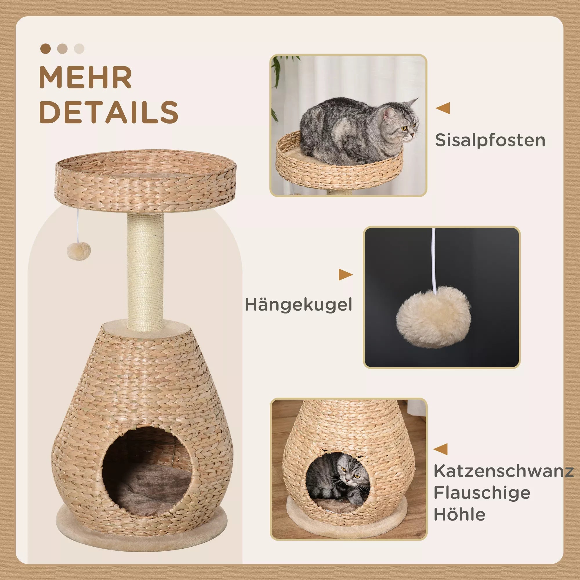 Kačių medis, kačių draskyklė, baldai kačiukams su kačių urvu, kamuoliuko žaislas, sizalis, minkštas pliušas, aukštis 82,5 cm, geltonas
