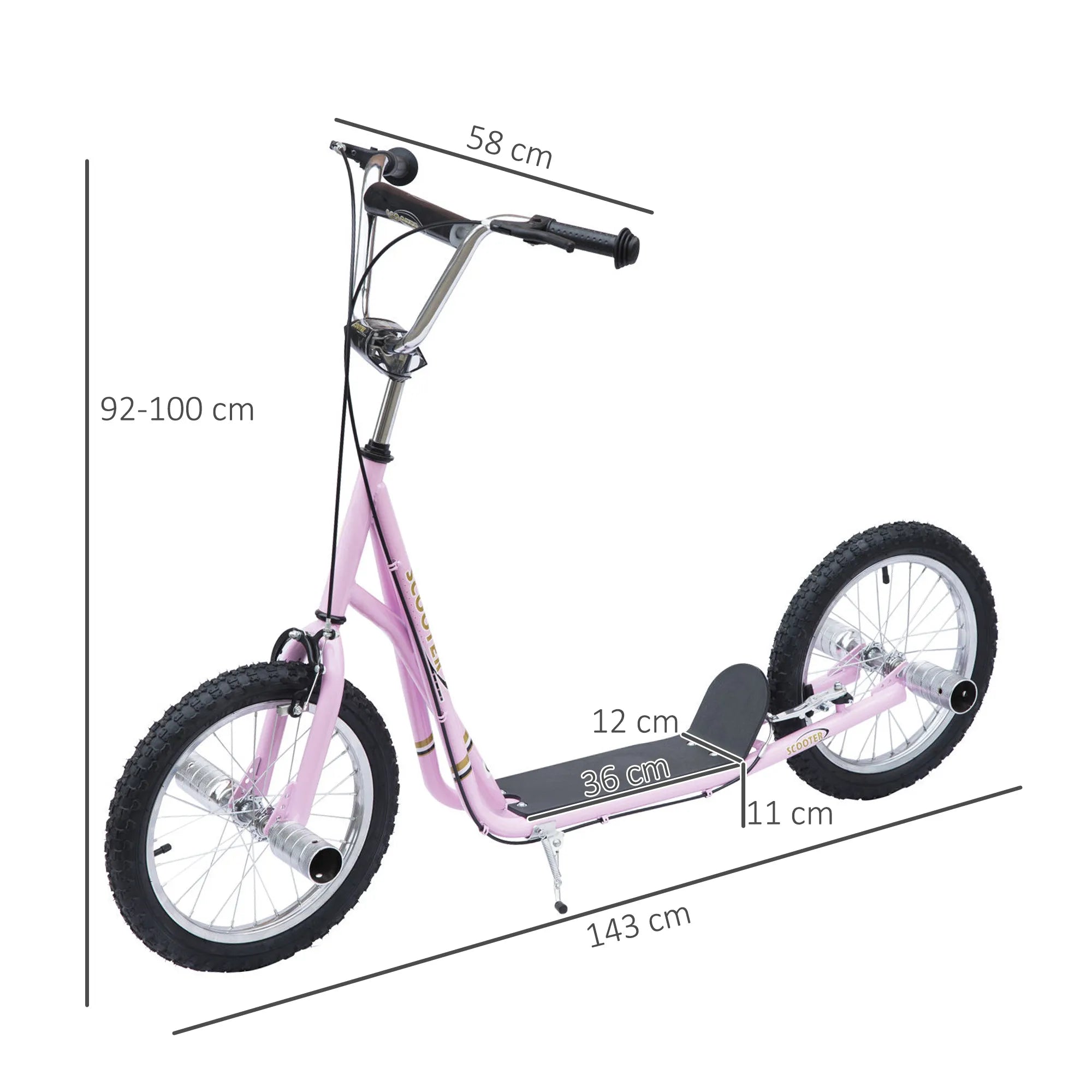 Vaikų paspirtukas su pneumatinėmis padangomis Kickscooter Scooter Tretroller Cityroller vaikams Kickboard 16 colių nuo 5 metų Aukščio reguliavimas Rožinis 143 x 58 x 92-100 cm