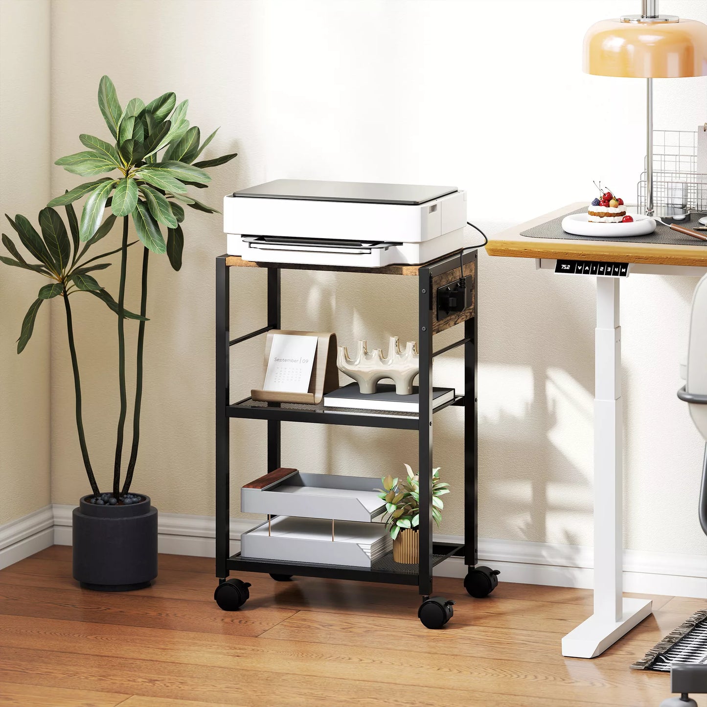 Spausdintuvo stovas Spausdintuvo lentyna su ratukais, elektros lizdais, USB ir USB-C jungtimis iki 40 kg Rustykalinė ruda