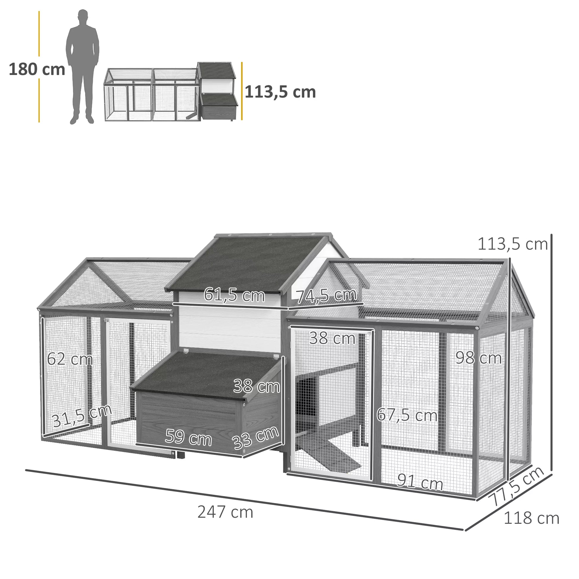 Vištidė Mažų gyvūnų tvartas 2 lauko aptvarai, 1 lizdas, 2 rampos, asfaltinis stogas, atsparus oro sąlygoms, pilkos spalvos