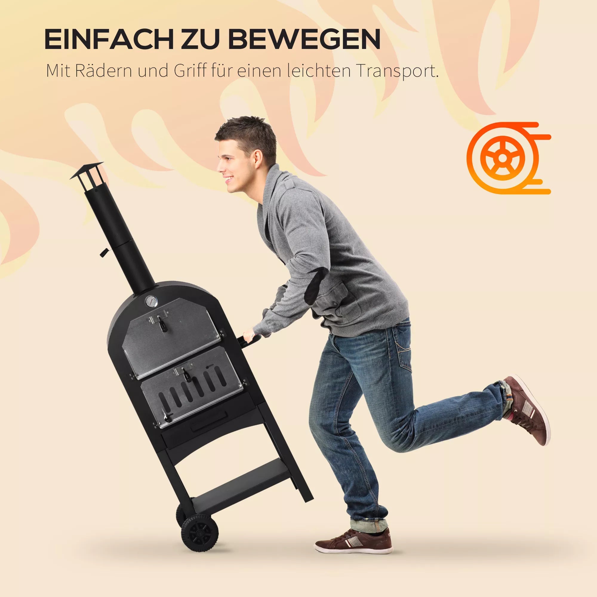 2-in-1 lauko picų krosnelė su ratukais Grilio krosnelė su apsauginiu dangčiu Picų mentė 2 grilio tinklai Grilio vežimėlis su kaminu 3 pakopų medinė krosnelė BBQ plieninė juoda + sidabrinė 63 x 54 x 161 cm