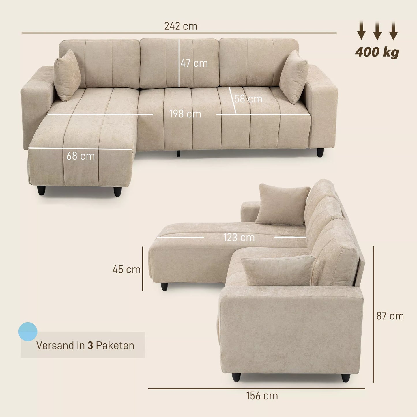 L formos kampinė sofa su lanksčia pusilge atkalte, 3 vietų sofa su 2 pagalvėlėmis, metalinis rėmas, skirta svetainei, smėlio spalvos