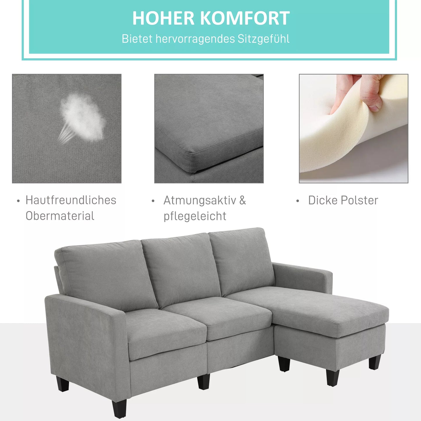 Kampinė sofa, 3 vietų sofa su patalynės dėže ir pagalvėlėmis, L formos kampas, audinio apmušalas, pilka