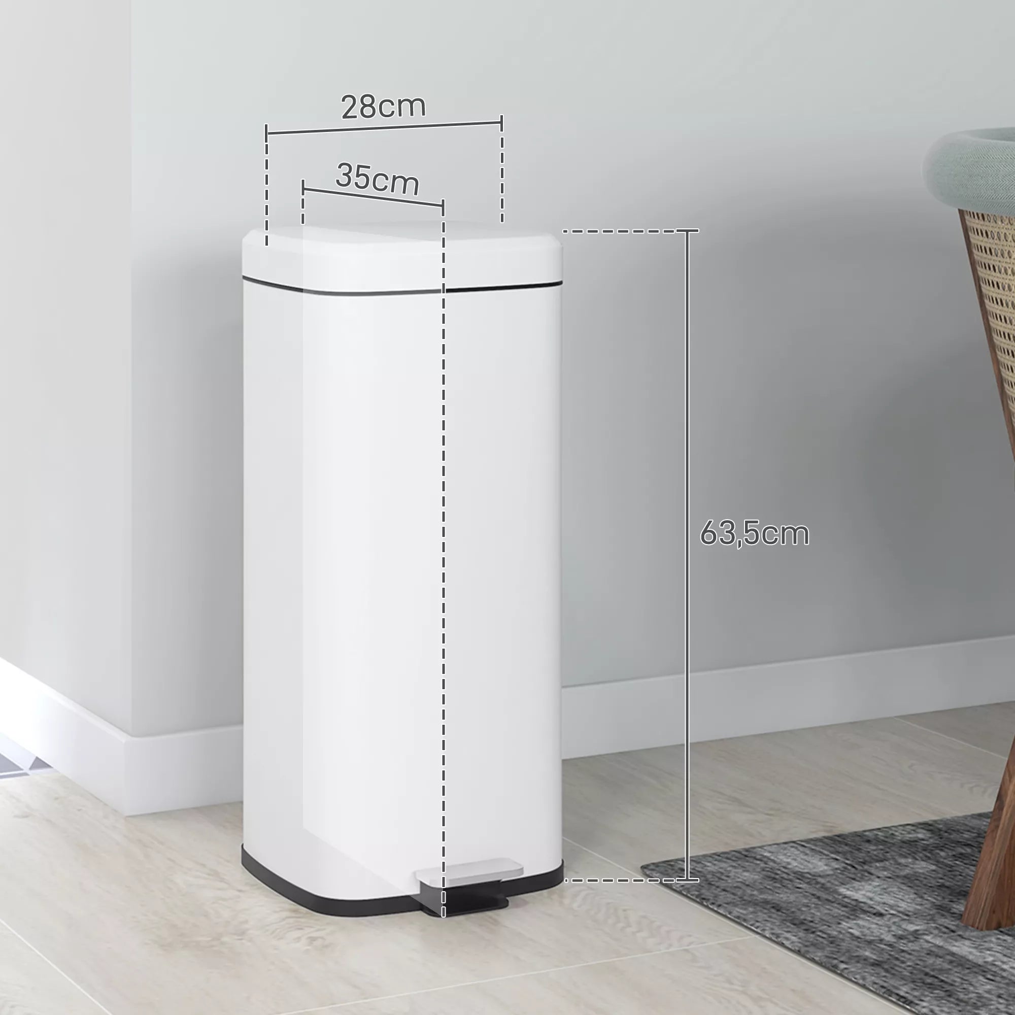 Šiukšliadėžė 30L su pedalu, lėto užsidarymo funkcija (Soft-Close), balta