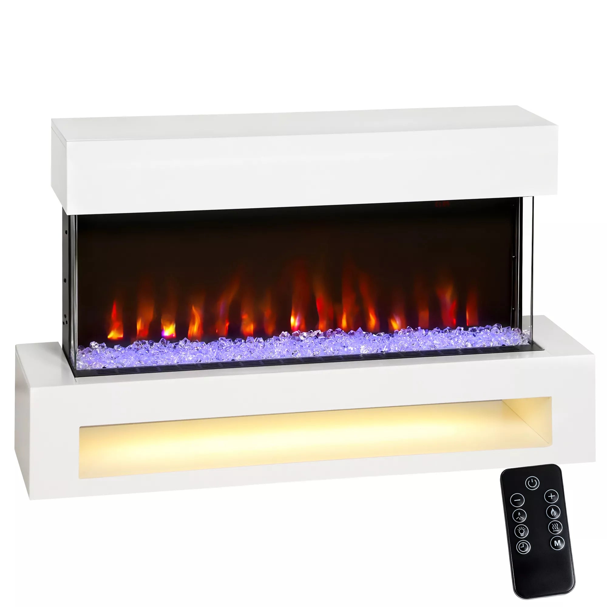 Elektrinis židinys su 11 liepsnos spalvų, 10 kristalų lovos spalvų, 1000 W/2000 W, nuotolinio valdymo pultas, universalus, baltas