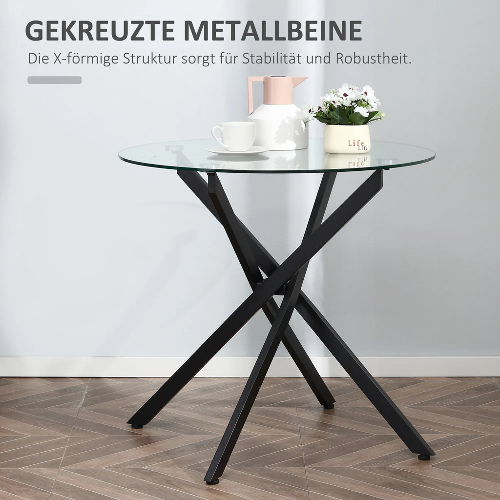 Modernus stiklinis valgomojo stalas, 80 cm skersmens, virtuvės stalas su grūdintu stikliniu stalviršiu ir metalinėmis kojomis, skirtas 4 asmenims.