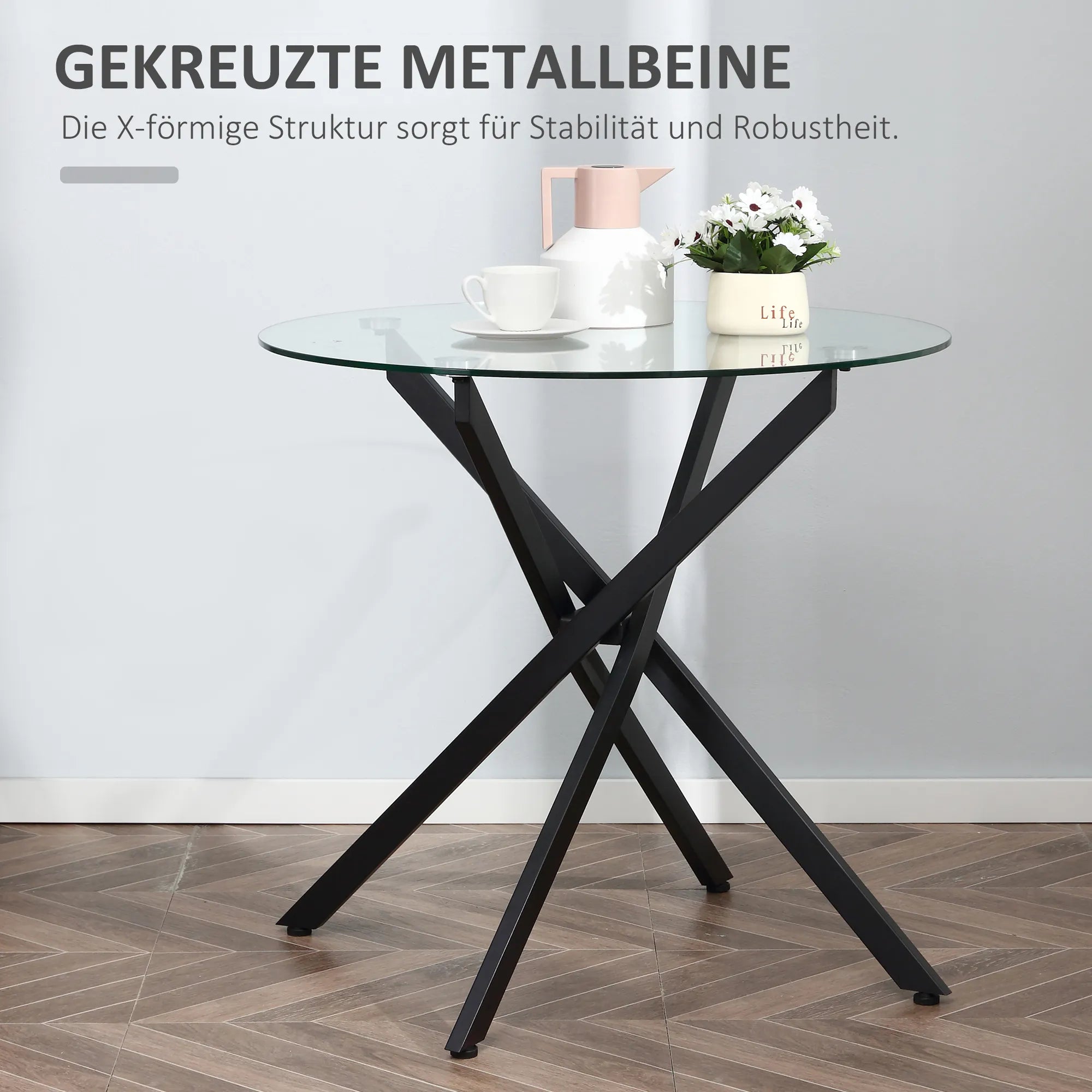 Modernus stiklinis valgomojo stalas, 80 cm skersmens, virtuvės stalas su grūdintu stikliniu stalviršiu ir metalinėmis kojomis, skirtas 4 asmenims.
