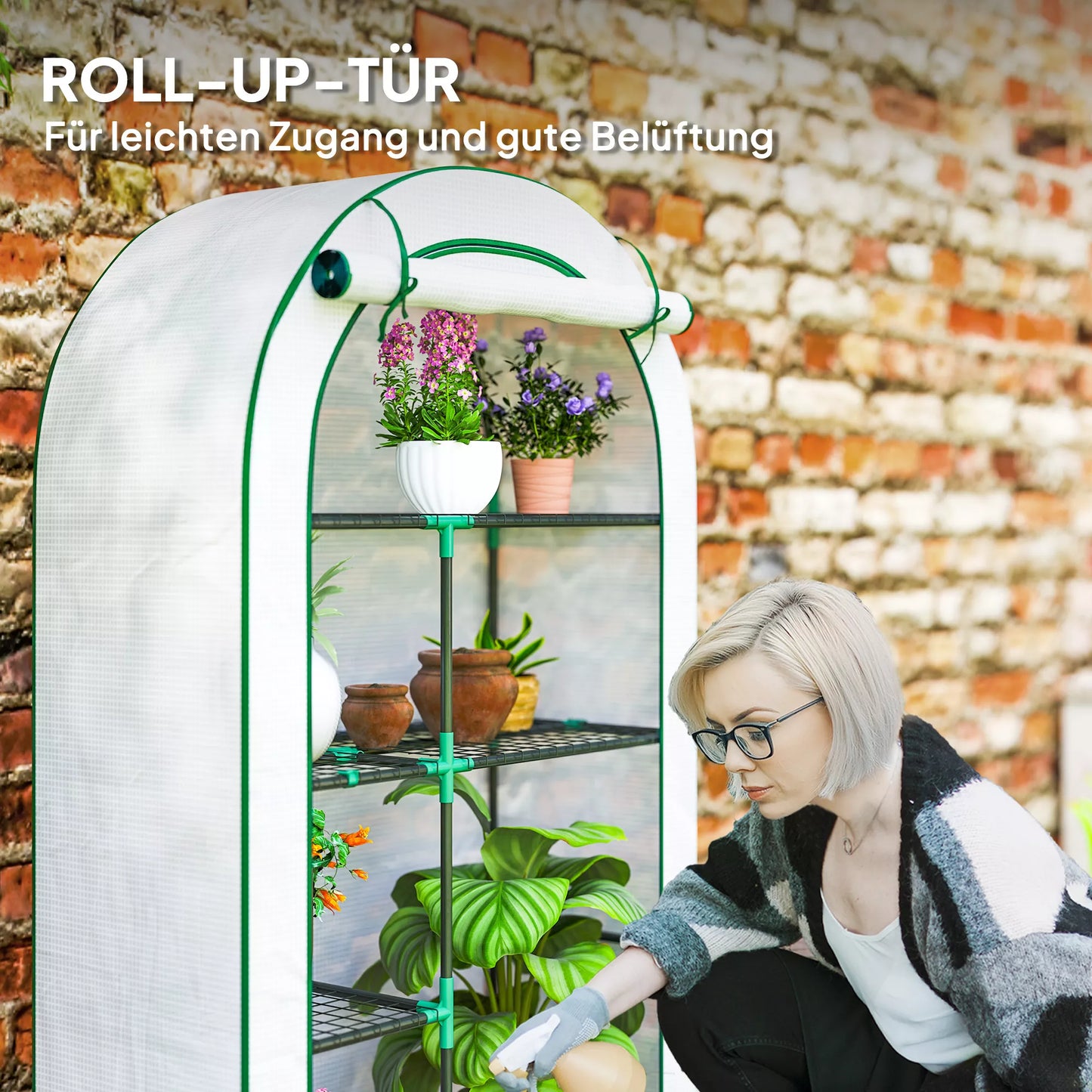 Mini šiltnamis, 4 pakopų šiltnamis su plastikine danga, nešiojamas, su atverčiamomis durimis, 100 x 45 x 160 cm, baltas