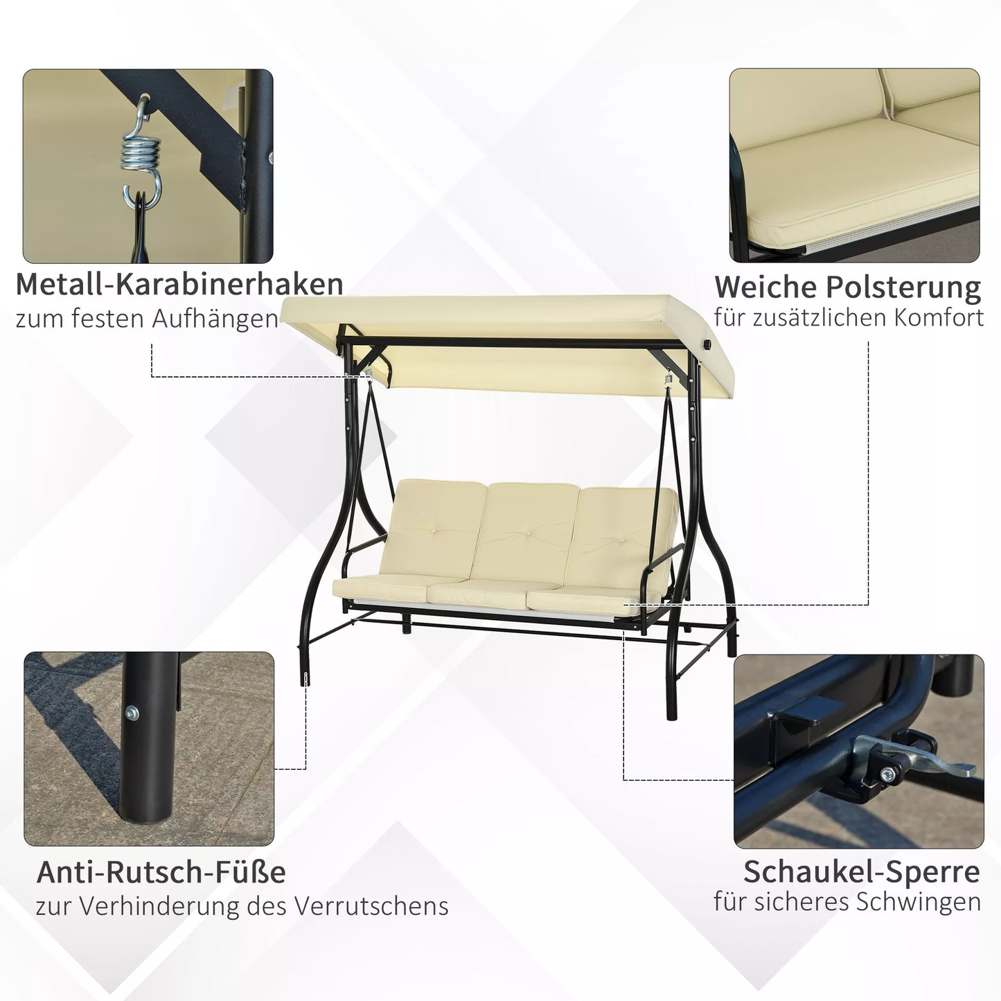 Sūpynės su atlošu, sūpynės su saulės apsauga, sodo sūpynės, verandos sūpynės, 3 sėdimosios vietos, sūpynės-lova