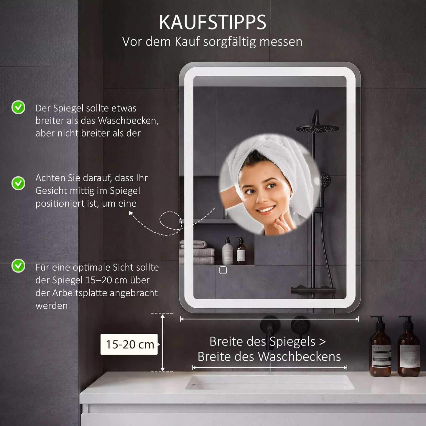 Vonios veidrodis, apšviestas, jutiklinis valdymas, neaprūgstantis, reguliuojamas apšvietimas, 3 šviesos spalvos, 50x70, sidabrinis