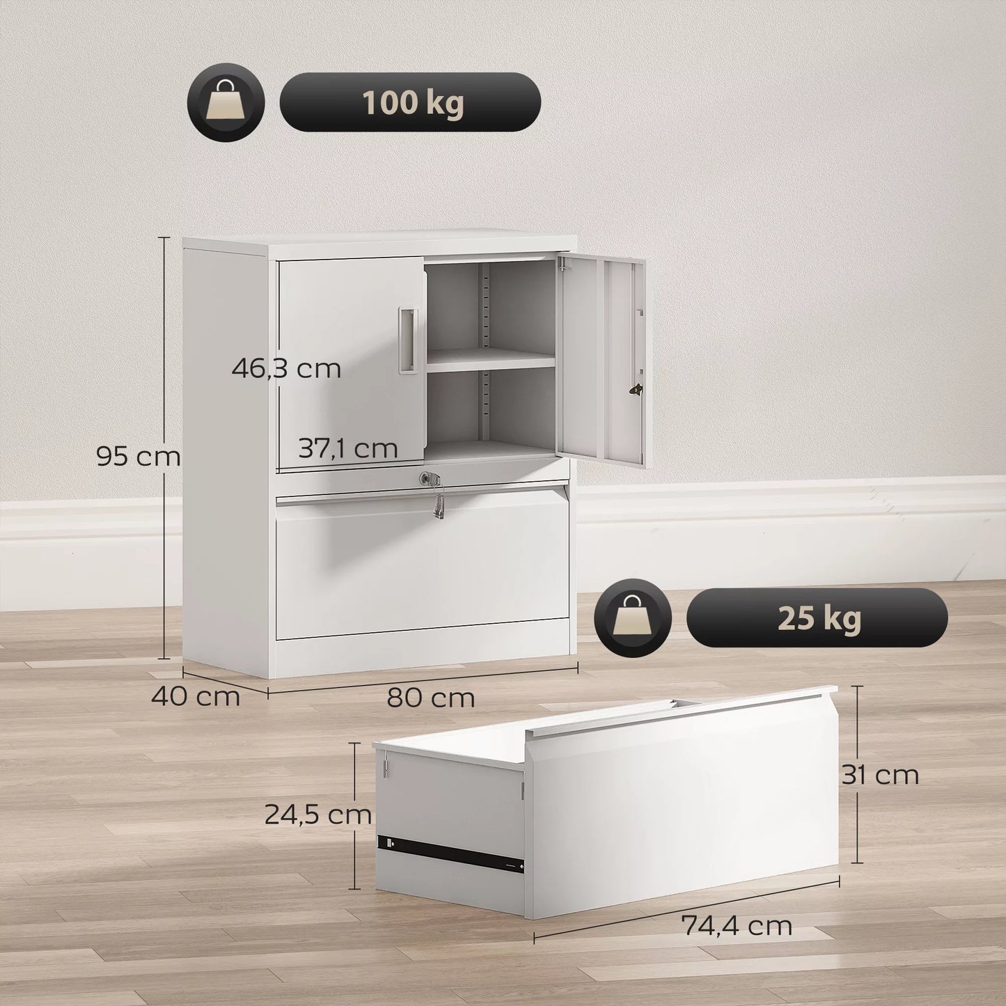 Dokumentų spinta Biuro spinta Užrakinama Daugiafunkcinė plieninė spinta su 2 durimis, reguliuojamomis lentynomis Balta