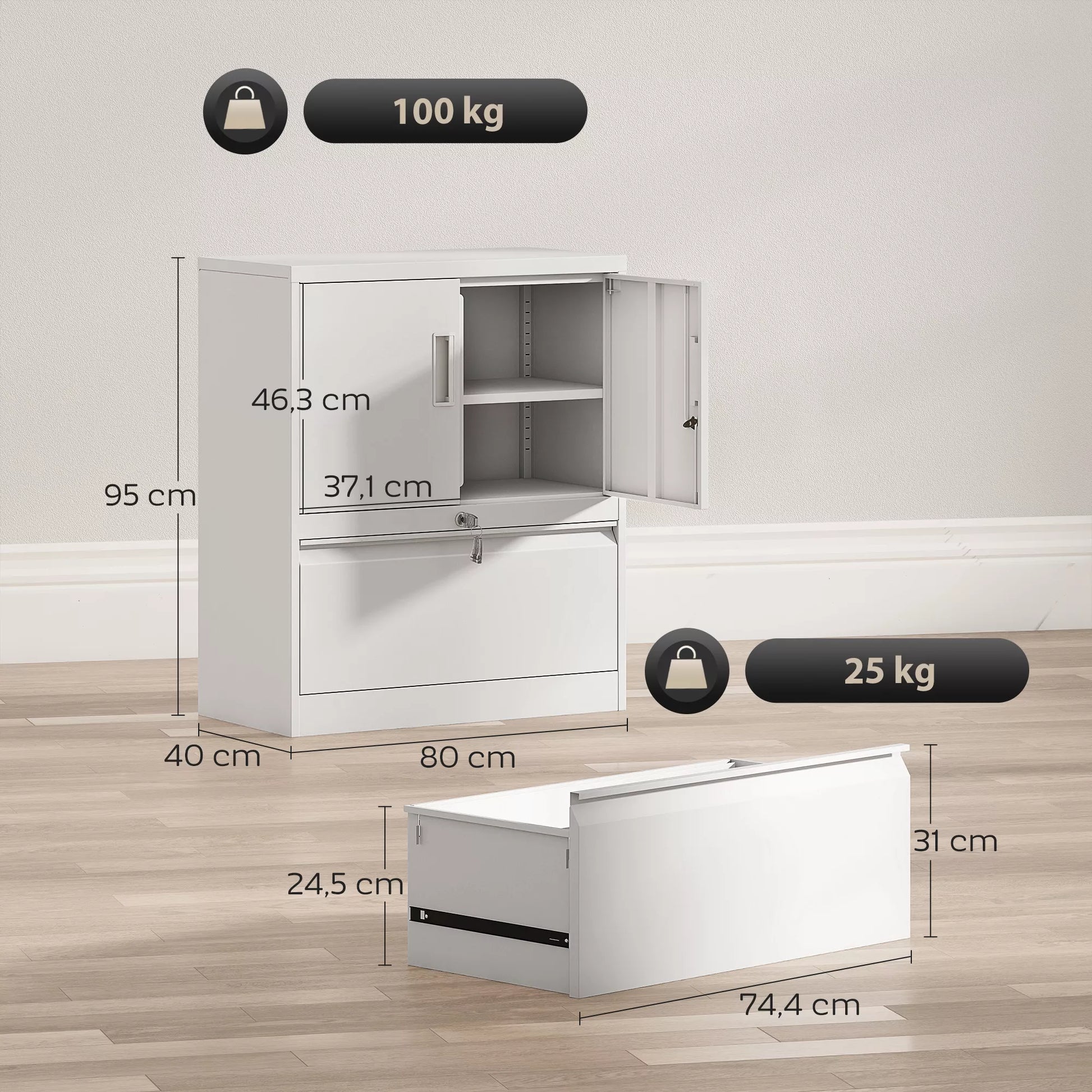 Dokumentų spinta Biuro spinta Užrakinama Daugiafunkcinė plieninė spinta su 2 durimis, reguliuojamomis lentynomis Balta