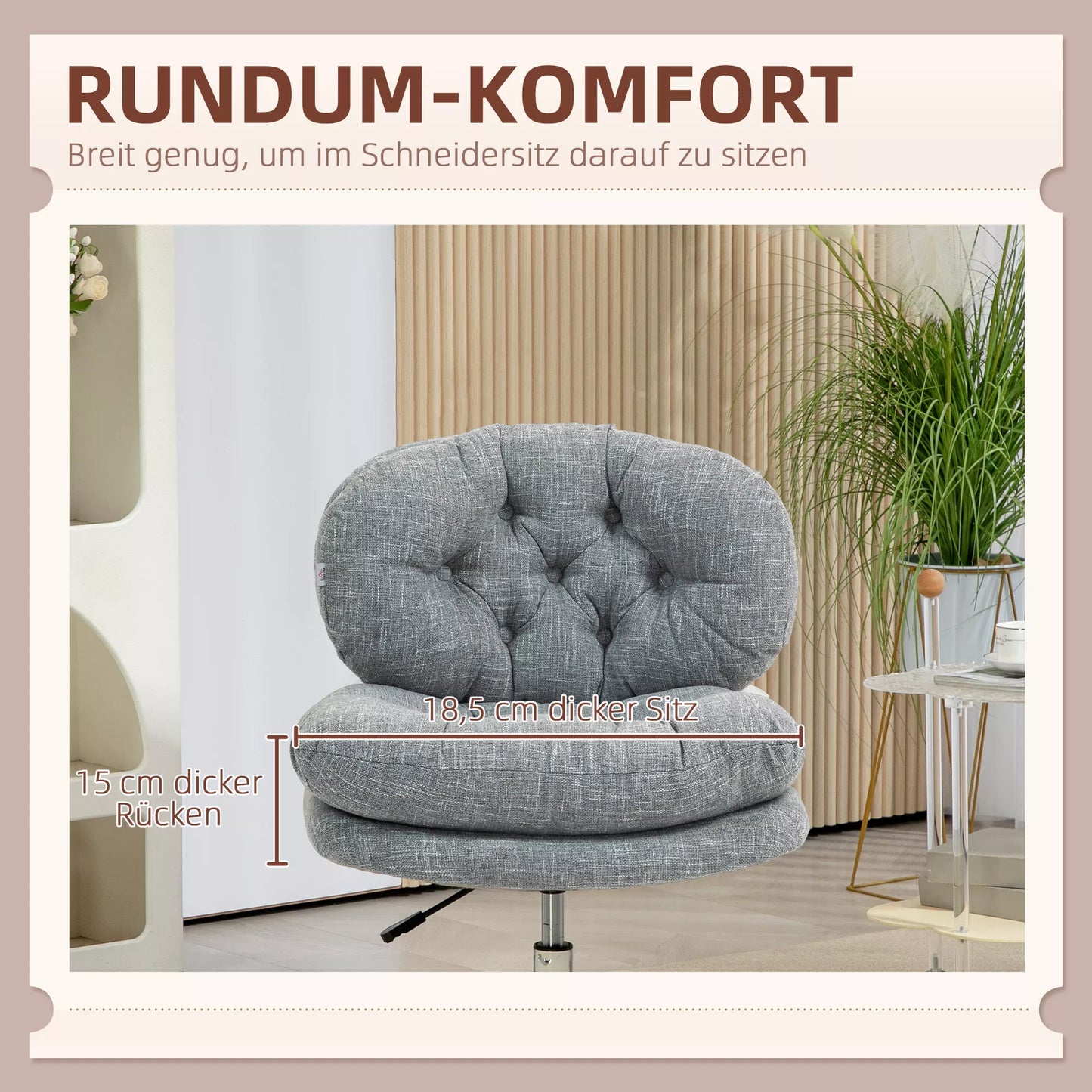 Biuro kėdė be atramų, patogi darbo kėdė su paminkštinta sėdyne ir reguliuojamu aukščiu, pilka