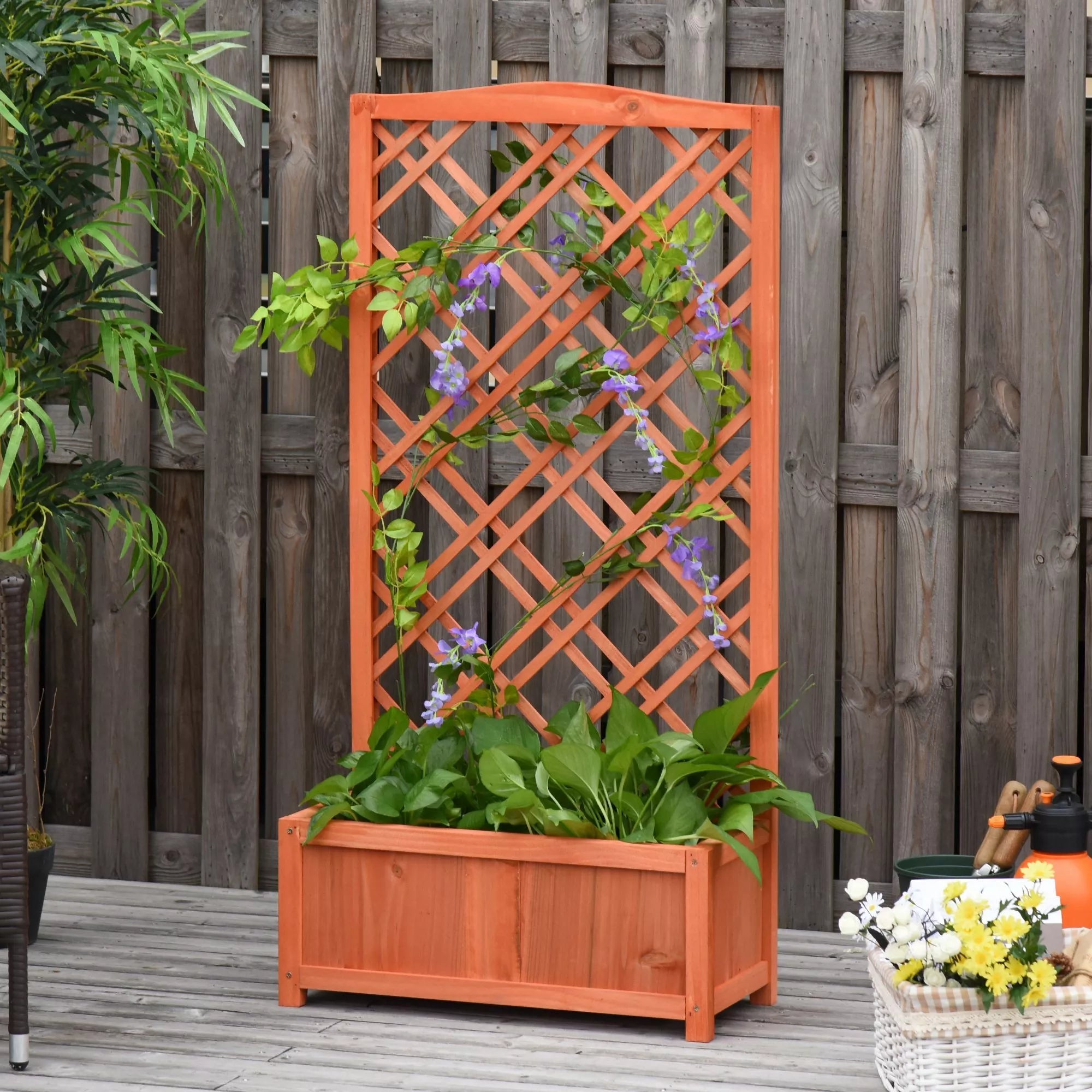 Aukšta pakelta medinė lysvė su grotelėmis 60 x 30 x 122,5 cm – geltona
