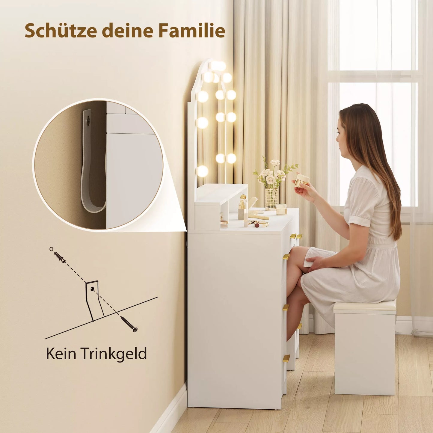 Kosmetinis staliukas su 10 LED Holivudo lempučių, veidrodis, 7 stalčiai, 3 skyreliai, MDF, balta