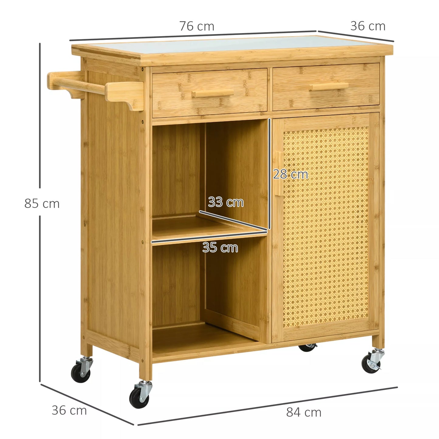 Bambukinis virtuvės vežimėlis, daugiafunkcinis vežimėlis, padavėjo vežimėlis, 2 stalčiai, 1 spintelė, 2 lentynos, natūralus