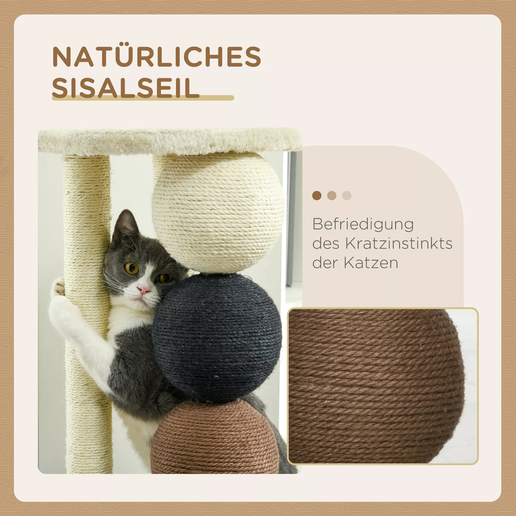 Draskyklė katėms, kačių draskymo medis su platforma, draskymo stulpas su 2 sizaliniais stulpeliais ir 4 sizaliniais kamuoliukais, katės draskyklės žaislas, 38 x 38 x 64 cm