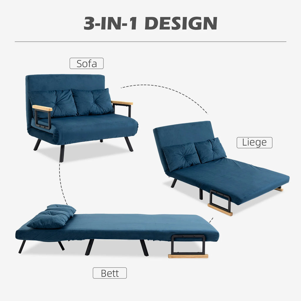 Miegama sofa 2 vietų sofa,  velvetinė sofa, miegojimo funkcija, su 2 pagalvėlėmis, velveto išvaizda, natūrali + mėlyna