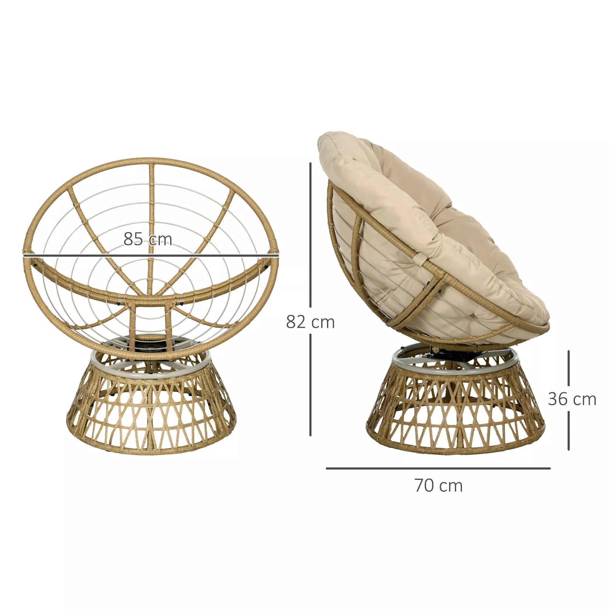 Krepšinio kėdė Rotango kėdė Lauko kėdė, boho stiliaus, atspari oro sąlygoms, 85 cm x 70 cm x 82 cm, kreminė + natūrali