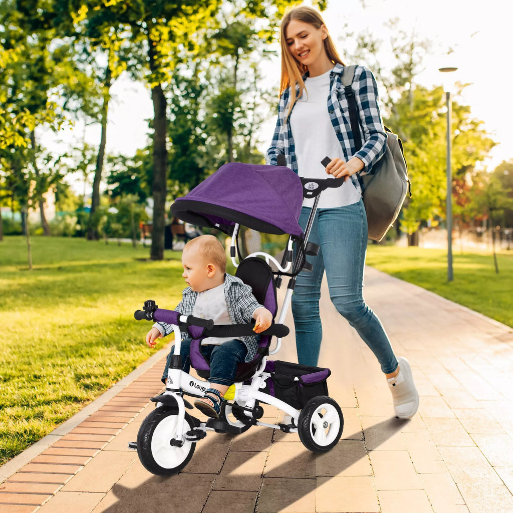 Violetinis vaikų triratis su mama ir vaiku parke