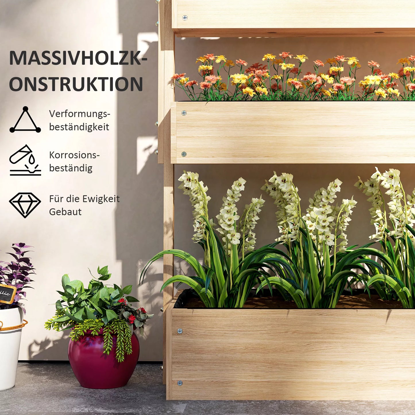 Medinė pakeliamoji lysvė, 4 pakopų sodinimo lysvė su drenažo skylutėmis, šiltnamis sodui 88,5 x 45 x 140 cm natūralios medienos