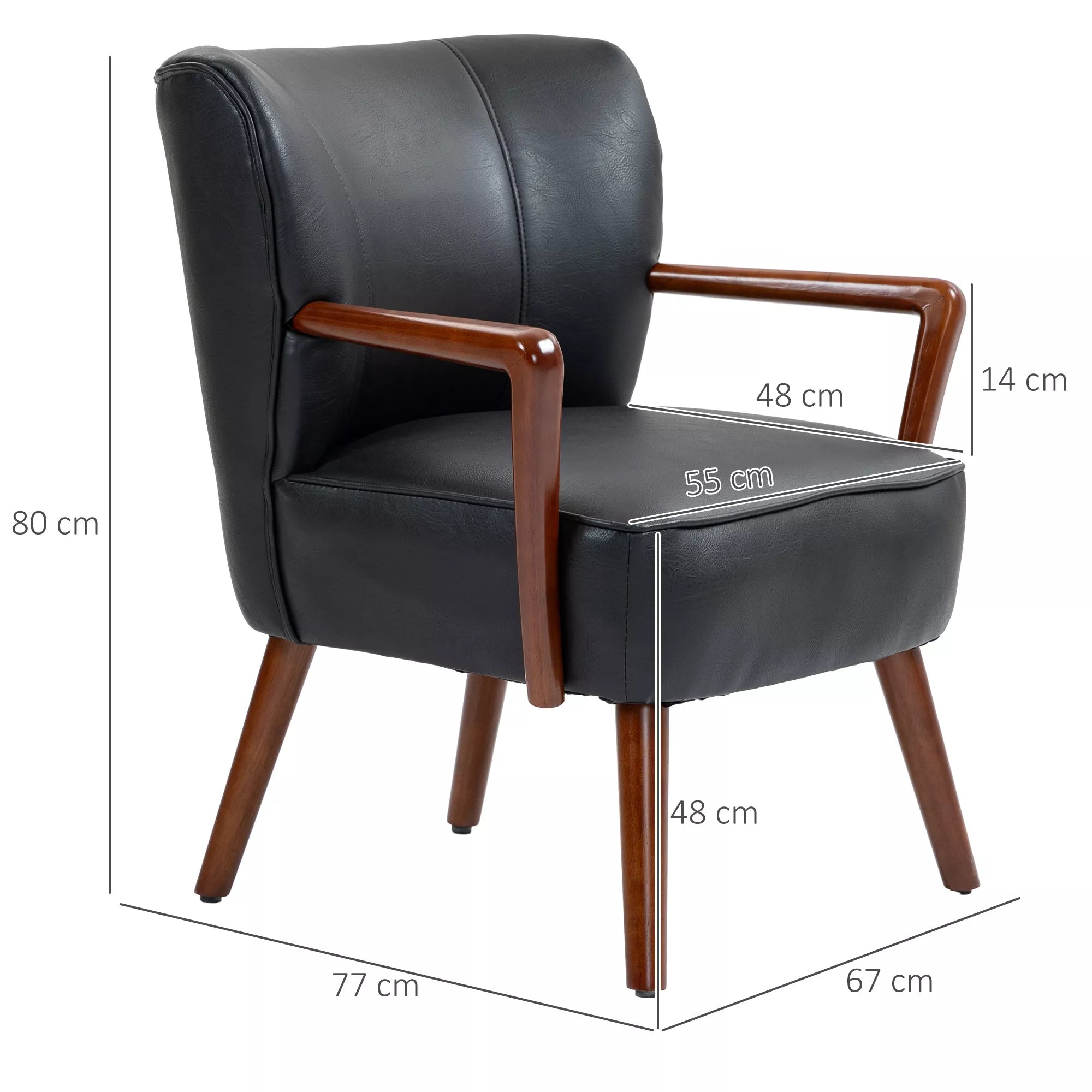 Dirbtinės odos svetainės fotelis su mediniu rėmu ir reguliuojamomis kojelėmis, elegantiškas poilsio krėslas, 67x77x80 cm, juoda