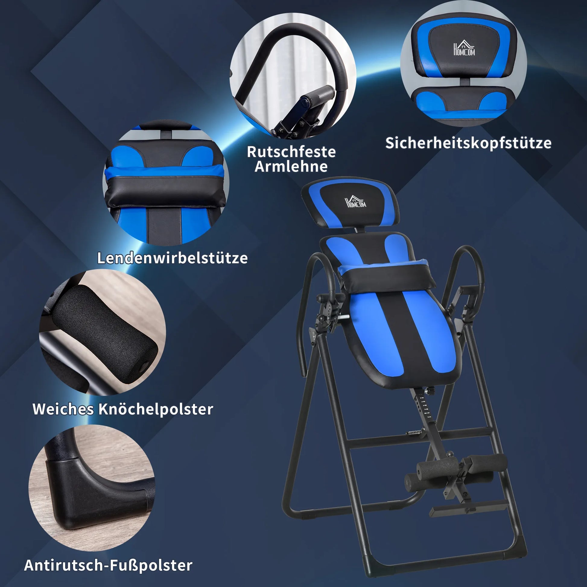 Sulduvas svyrio treniruoklis (inversions bank) su dviem ratukais, reguliuojama nugaros atrama. Metalo ir ABS plastiko, juoda+mėlyna. Išmatavimai: 132 x 71 x 145 cm