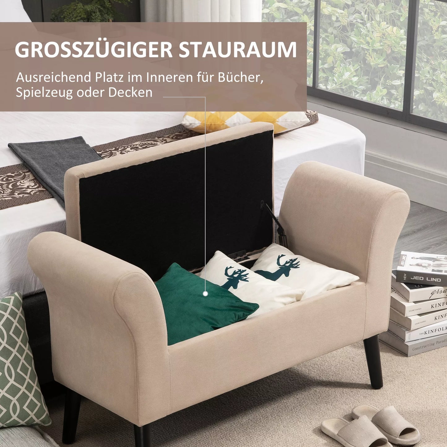 Minkšta banketė su daiktadėže, skrynios tipo banketė su porankiais, 46 cm sėdėjimo aukštis, aksominis poliesteris, 111,5 x 41 x 65 cm, smėlio spalvos