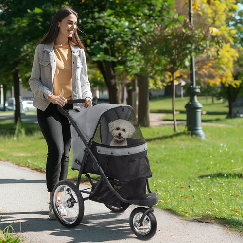 Pilkas šunų vežimėlis su šunimi parke
