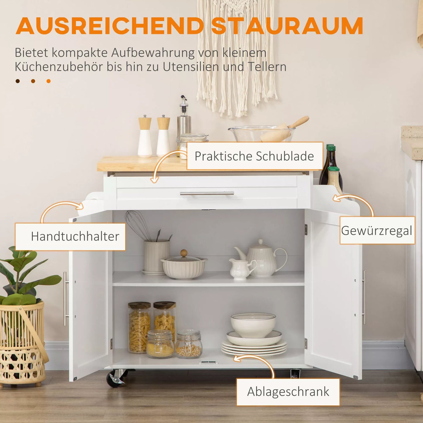 Virtuvės vežimėlis, padavėjo vežimėlis, virtuvės salelė, 1 prieskonių lentyna, 1 rankšluosčių laikiklis, 109 cm x 40 cm x 89 cm, Balta