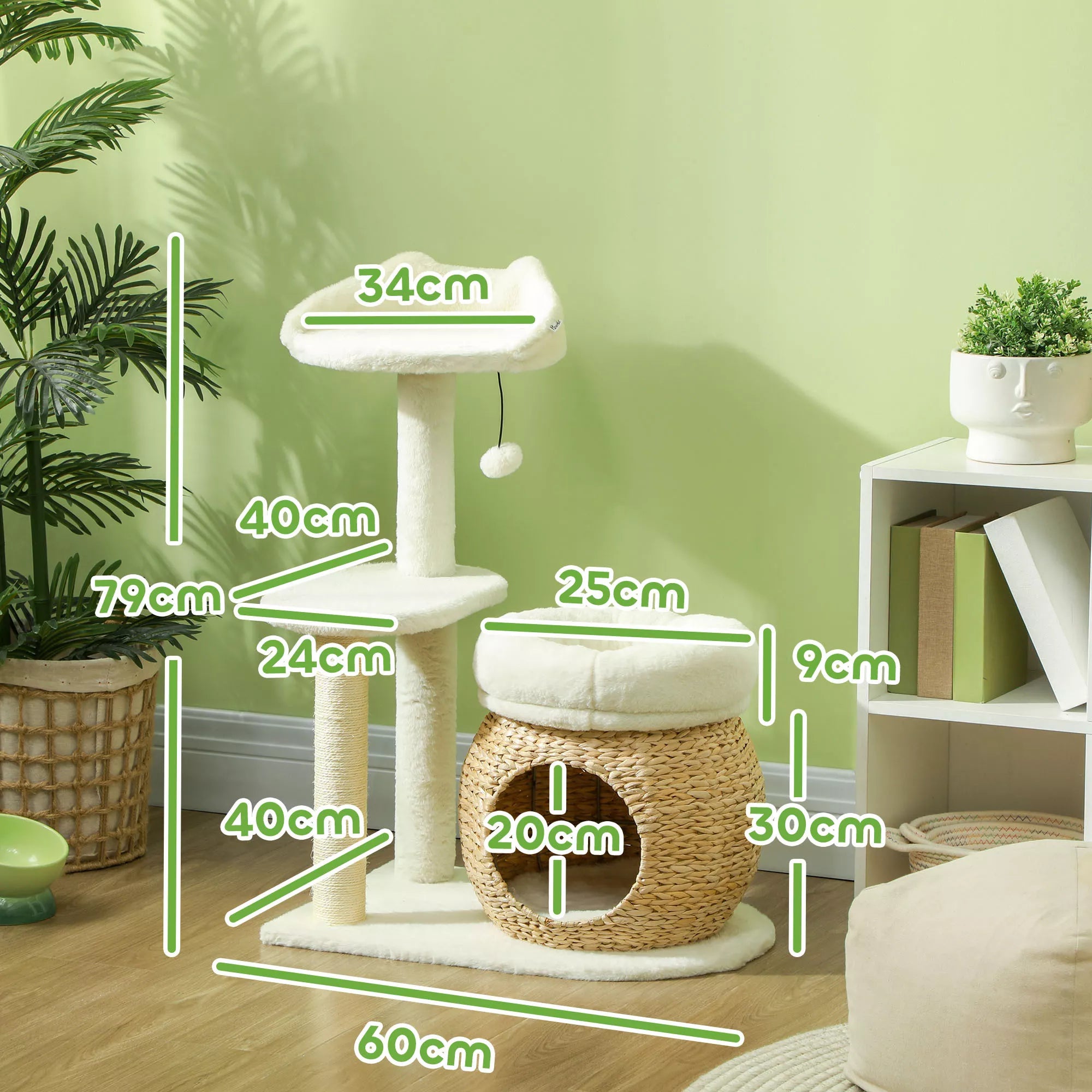 Kratas su katės urvu, žaisliniu kamuoliu ir platforma, nendrė/sizalis, iki 10 kg, 60 x 40 x 79 cm, kreminė balta