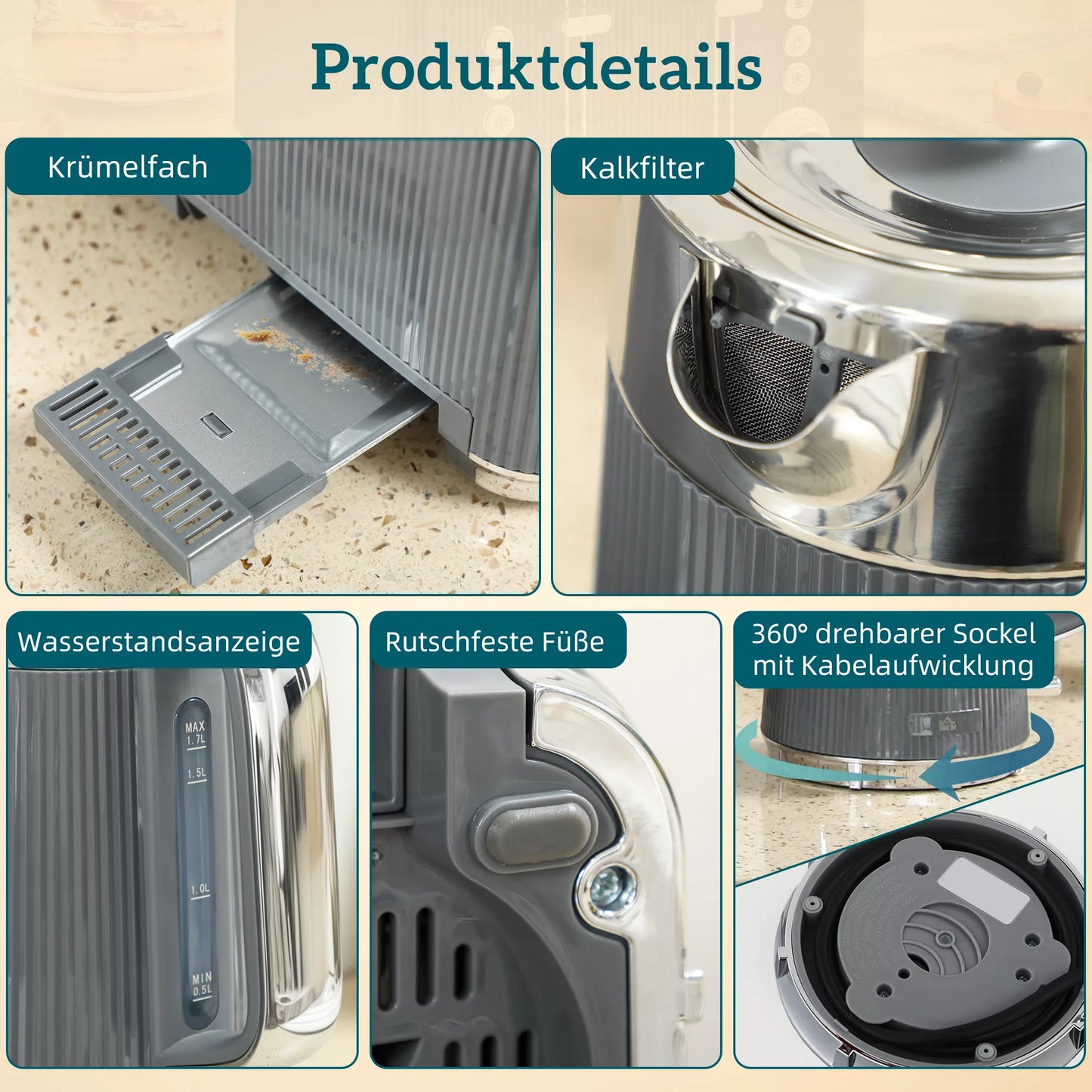 2200 W, 1,7 l virdulys su greito virimo funkcija, kalkių filtru ir 4 riekelių skrudintuvu su 7 skrudinimo lygiais, pilkos spalvos