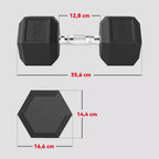 Infografika su matmenimis: 35,6 cm ilgis, 12,8 cm ir 16,6 cm skersmuo