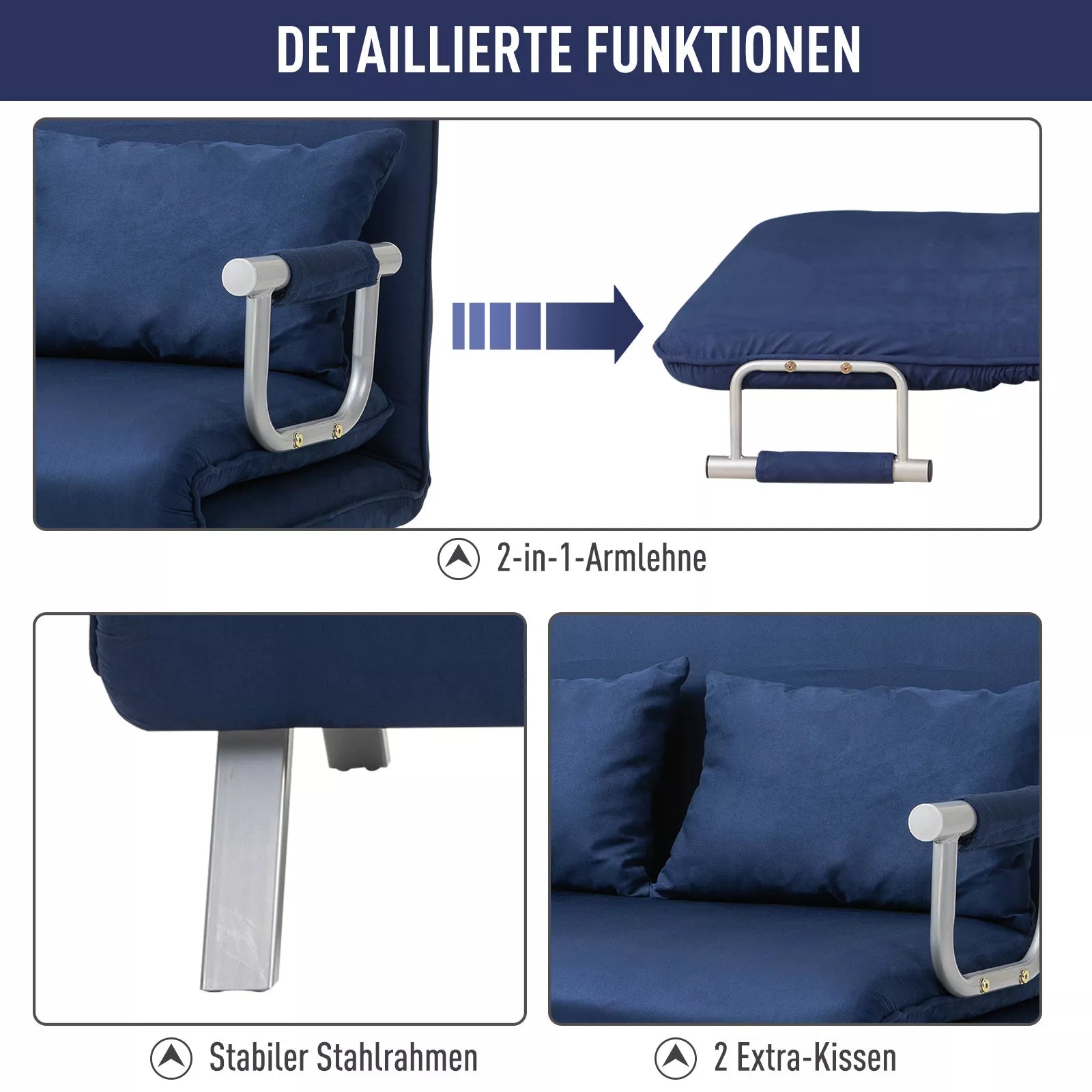 Sofa-lova su reguliojamu atlošu, 111 cm, tamsiai mėlyna