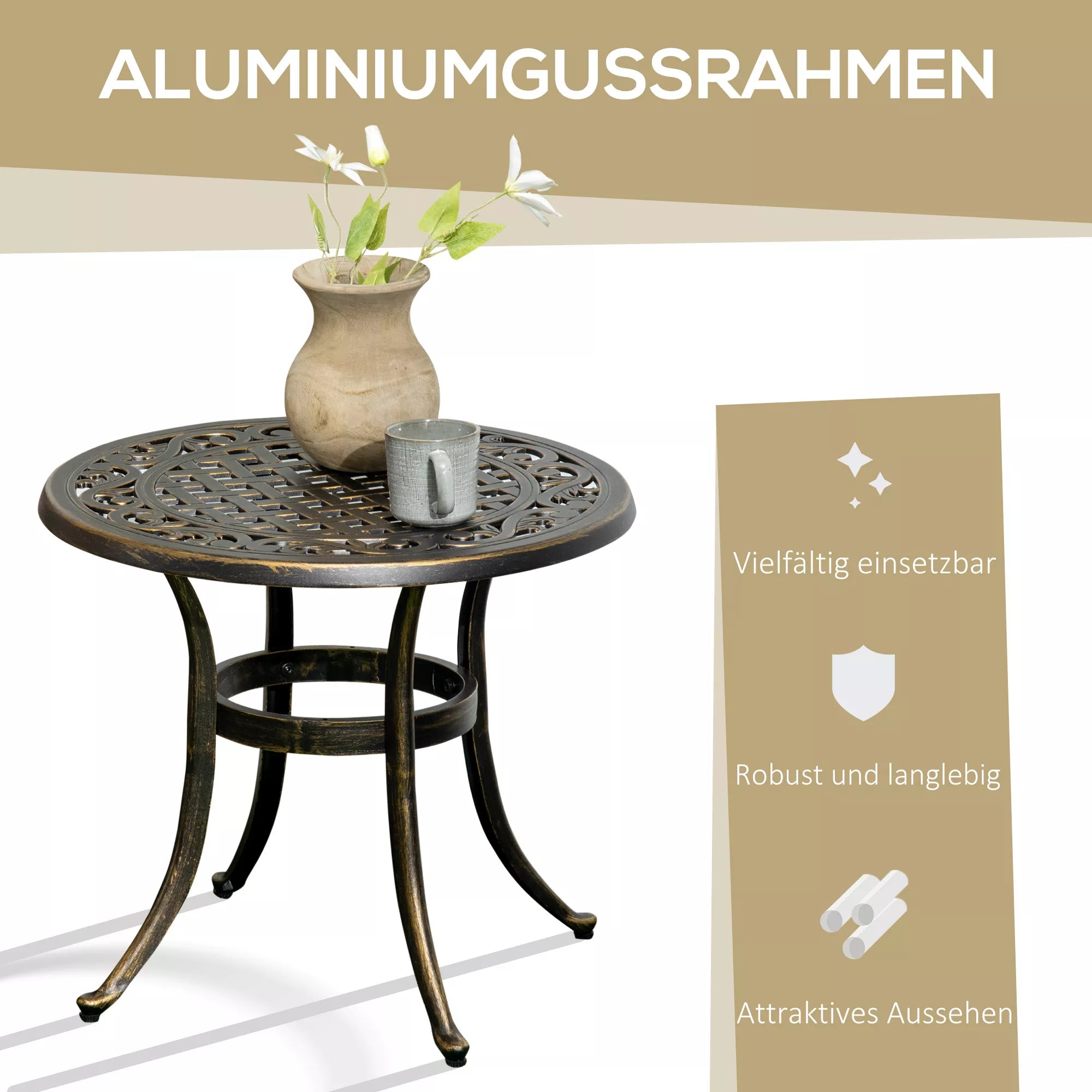 Sodo staliukas – atsparus oro sąlygoms sodo staliukas su liejinio aliuminio rėmu, atlaiko apie 60 kg apkrovą, Ø60 x 52,5 (aukštis) cm