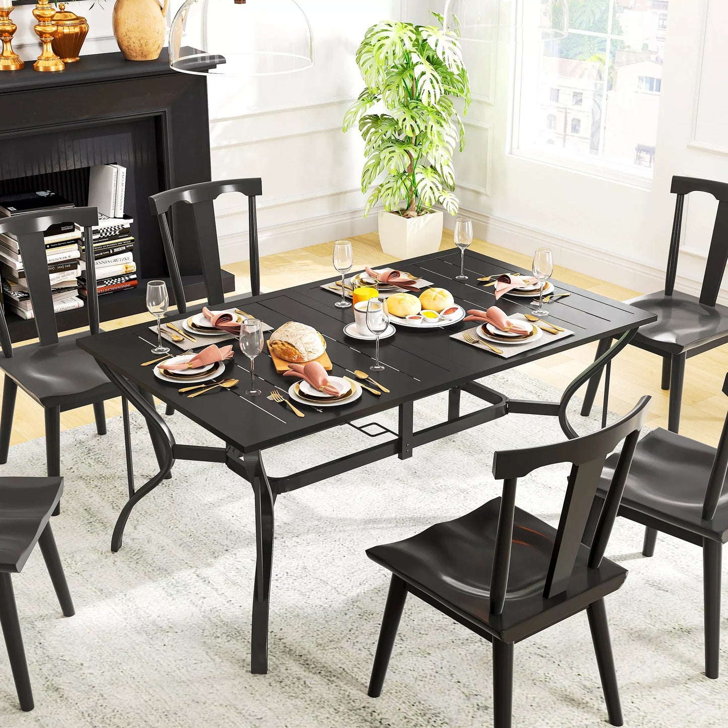 Sodo stalas 150x90 cm, atsparus oro sąlygoms, balkono stalas su skėčio anga, lamelinis dizainas, 6 žmonėms, juodas